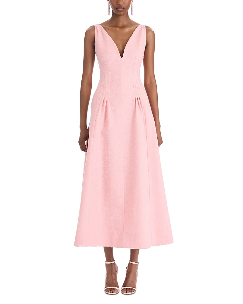 Wool Blend V Neck Tweed Dress