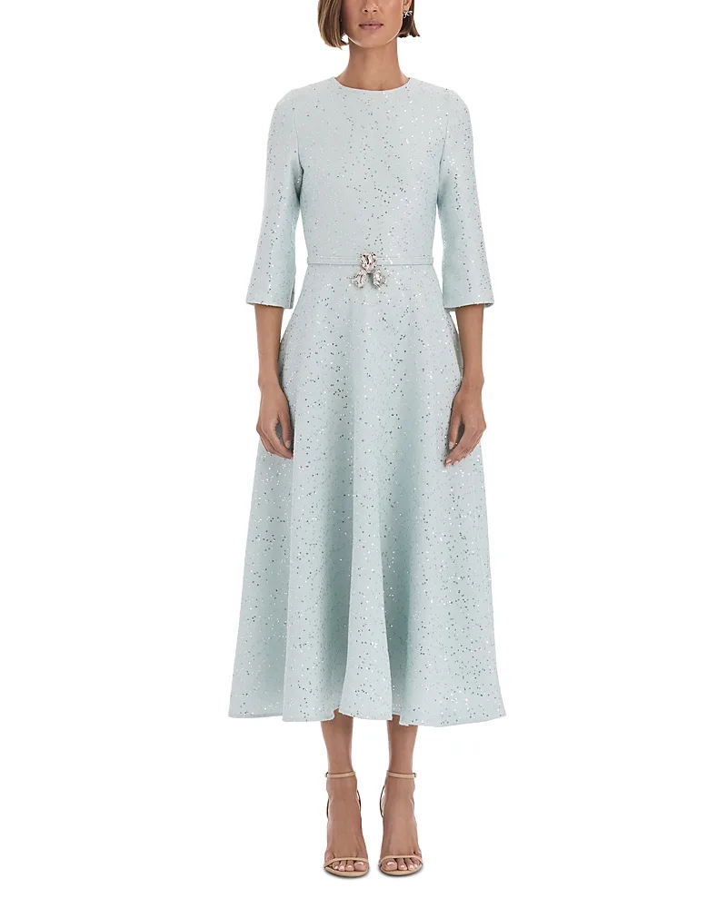 Wool Blend Sequin Tweed Belted Midi Dress by Oscar de la Renta