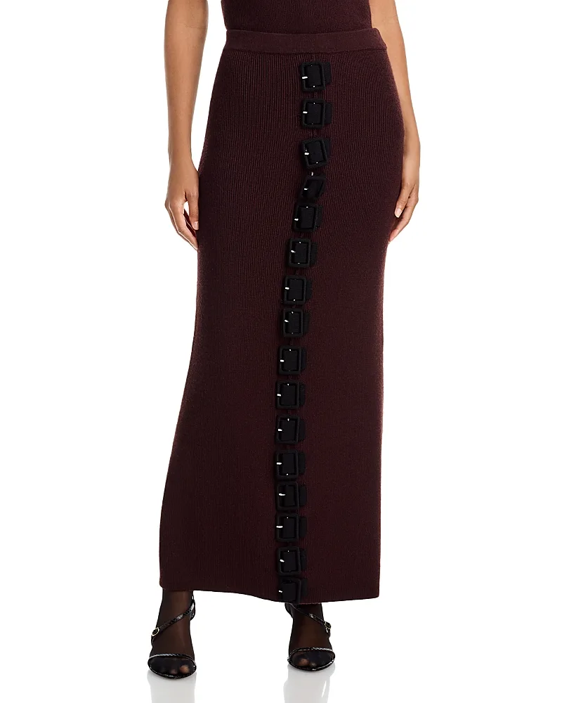 Belt Buckle Rib Knit Maxi Skirt by Zankov