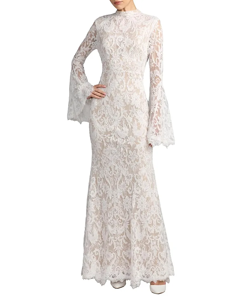 Mac Duggal Mock Neck Long Sleeve Lace Gown
