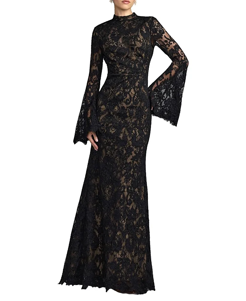 Mac Duggal Mock Neck Long Sleeve Lace Gown