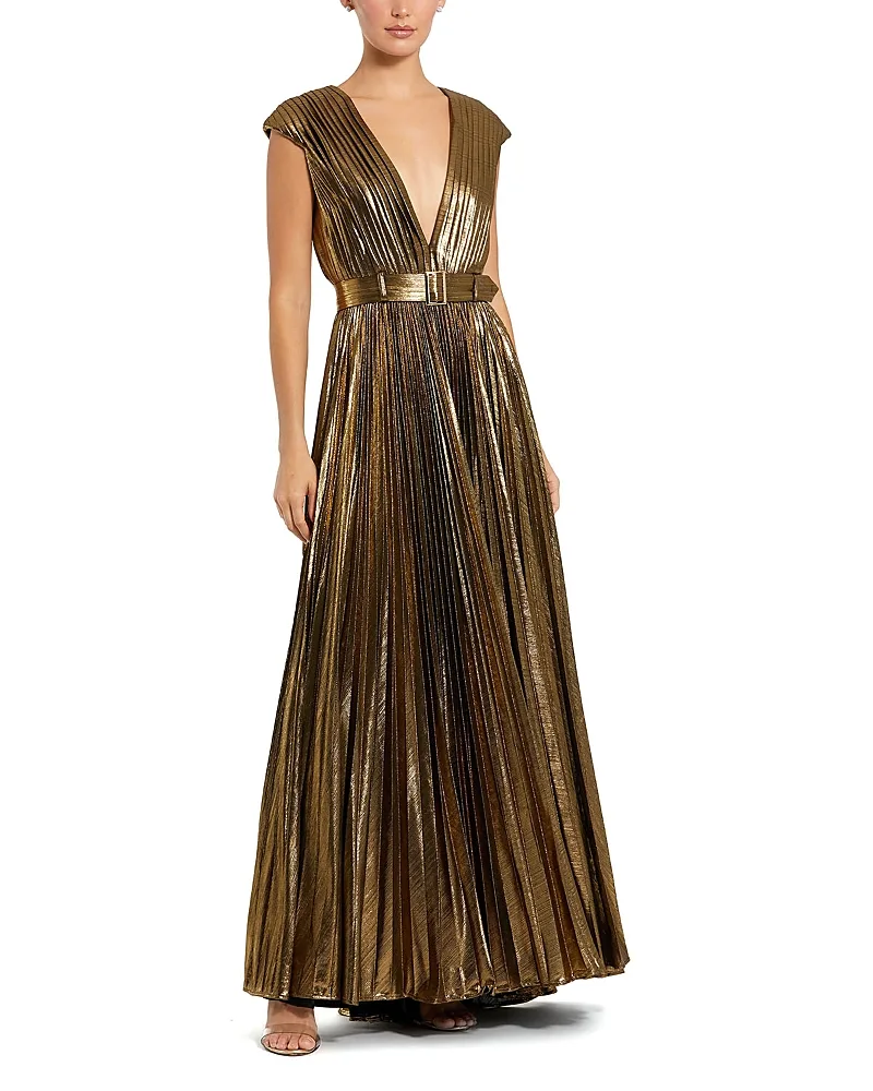 Mac Duggal Pleated Metallic Jersey Gown with Belt