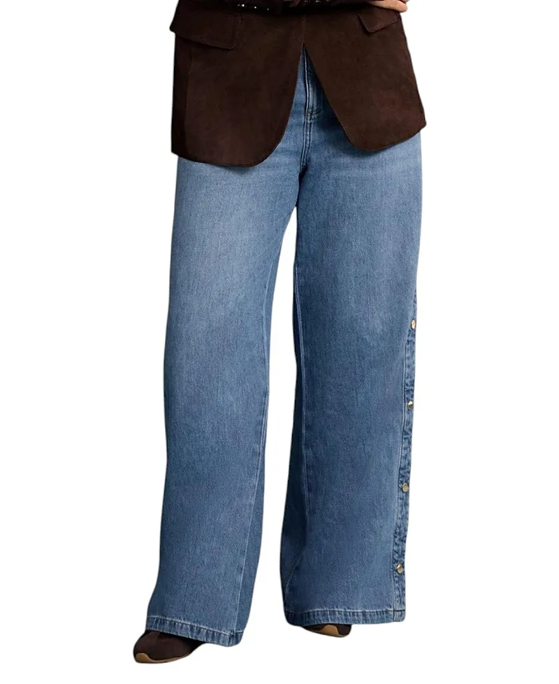 Popper Detail Wide Jeans in Blue Wash by Mint Velvet