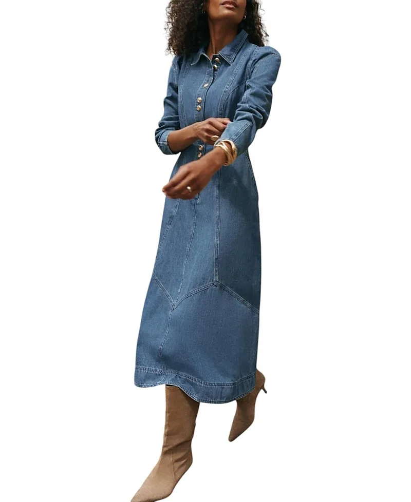Denim Midi Classic Collar Shirt Dress