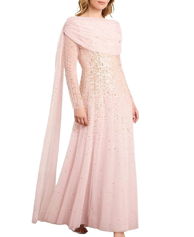 Moonlight Sequin Draped Long Sleeve Gown by Needle & Thread