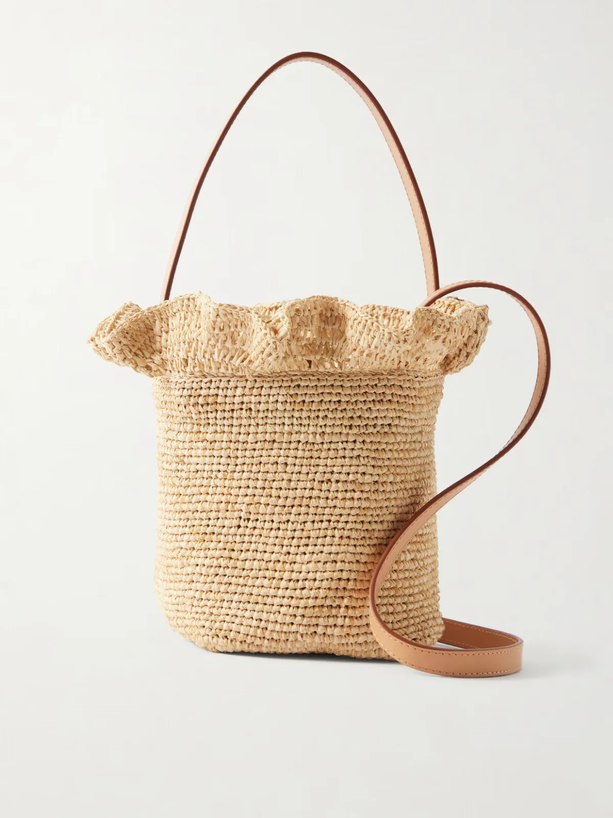 - Laith Leather-trimmed Ruffled Raffia Bucket Bag -