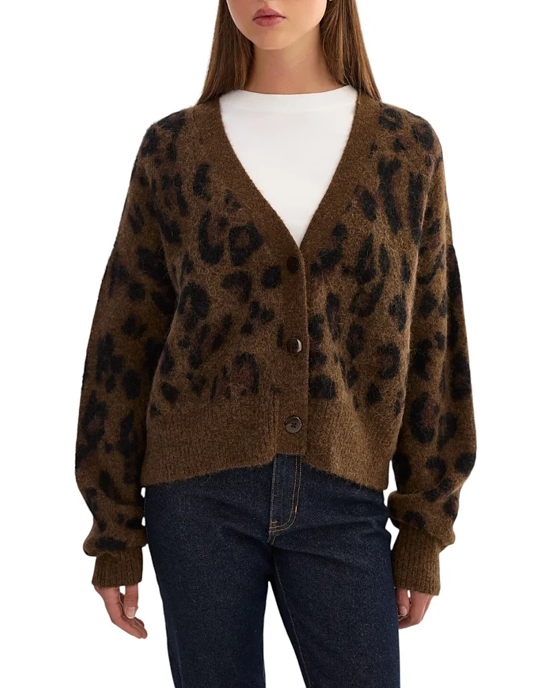 Minnie Leopard Print Alpaca Blend V Neck Cardigan by Lamarque