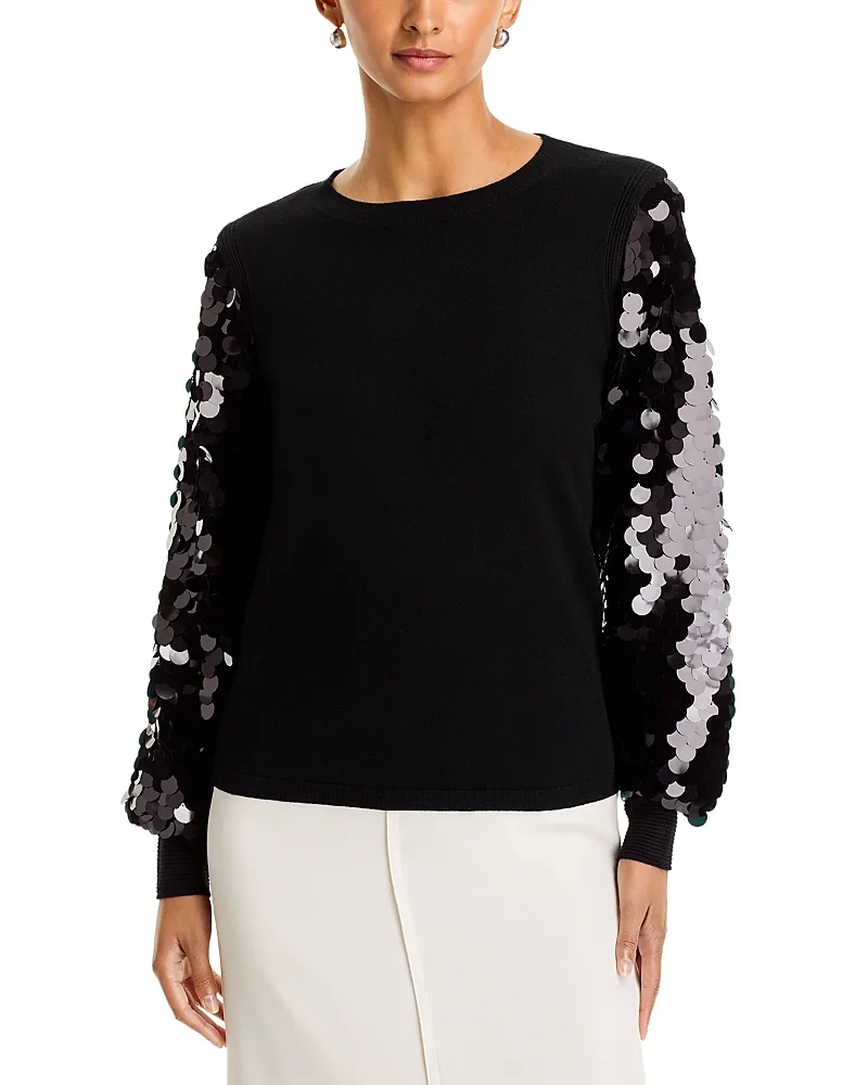 Mixed Media Sequined Puff Sleeve Sweater