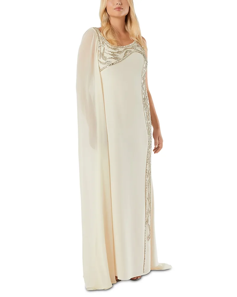 Embroidered Beaded One Shoulder Cape Dress by Marina Rinaldi