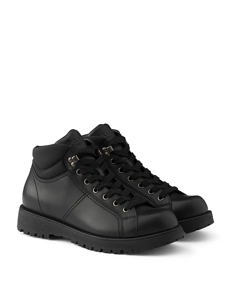Lace-Up Leather and Re-Nylon Booties by Prada