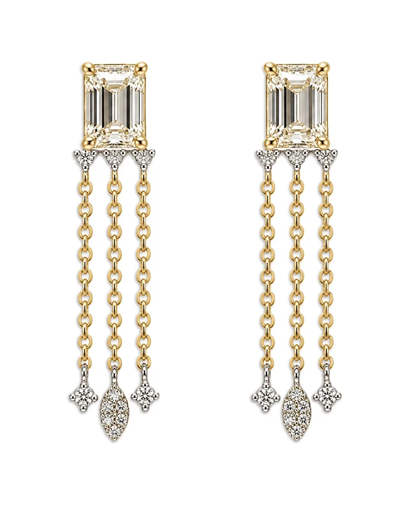 14K Yellow Gold Lab Grown Diamond Emerald & Round Cut Fringe Drop Earrings, 1.57 Tcw