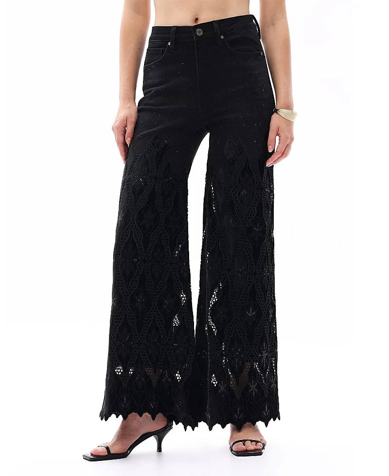 High Rise Wide Leg Lace Denim Jeans with Rhinestone by Bayeas