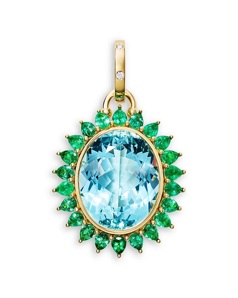 18K Yellow Gold Emerald, Diamond & Aquamarine Color Theory Halo Pendant by Temple St. Clair