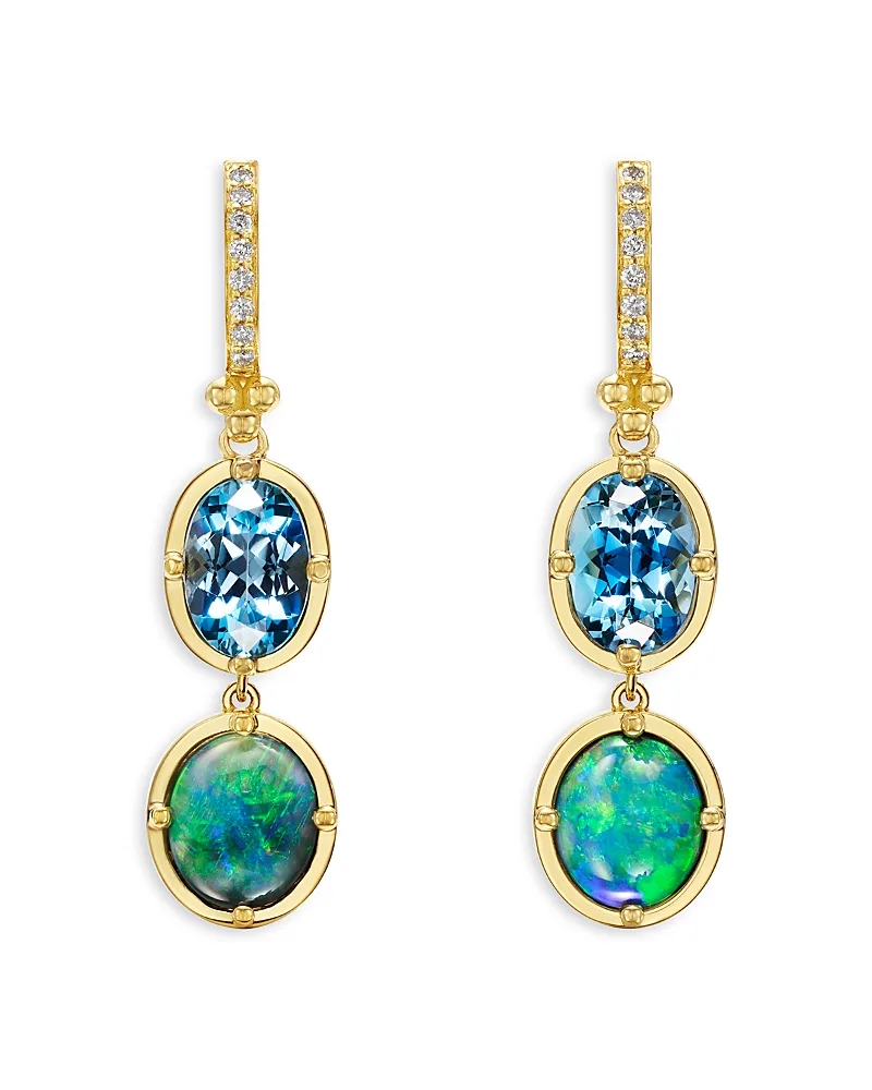 18K Yellow Gold Diamond, Black Opal & Aquamarine Double Drop Earrings by Temple St. Clair