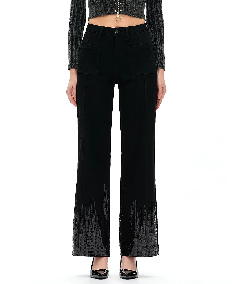 Mid Rise Wide Leg Denim Jeans with Sequin Embroidery by Bayeas