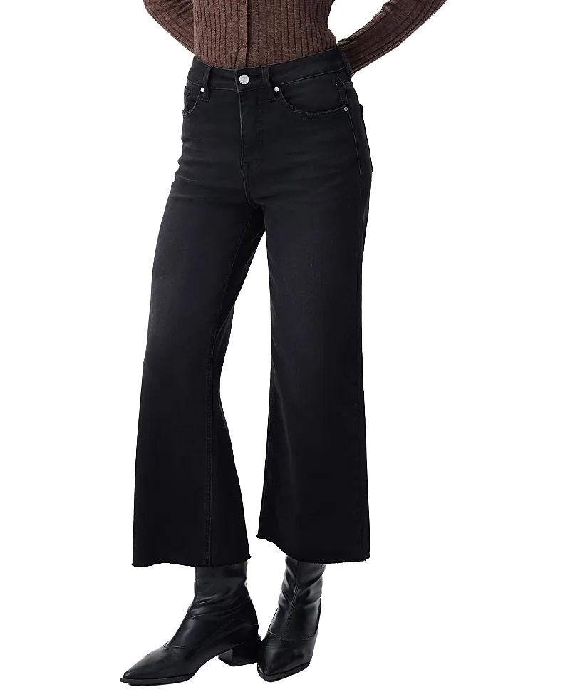 High Rise Wide Leg Raw Edge Denim Jeans Stretch Comfortable