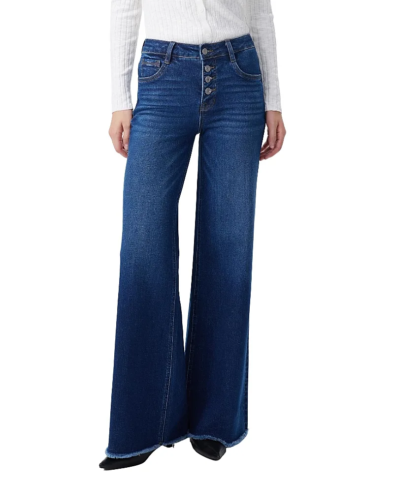 Mid Rise Wide Leg Denim Jeans Button Fly with Frayed Hem by Bayeas