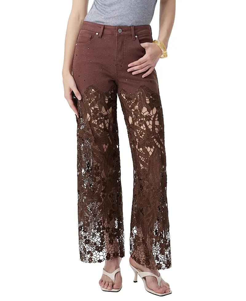 Embroidery High Rise Wide Leg Lace Jeans with Rhinestone in Chocolate by Bayeas