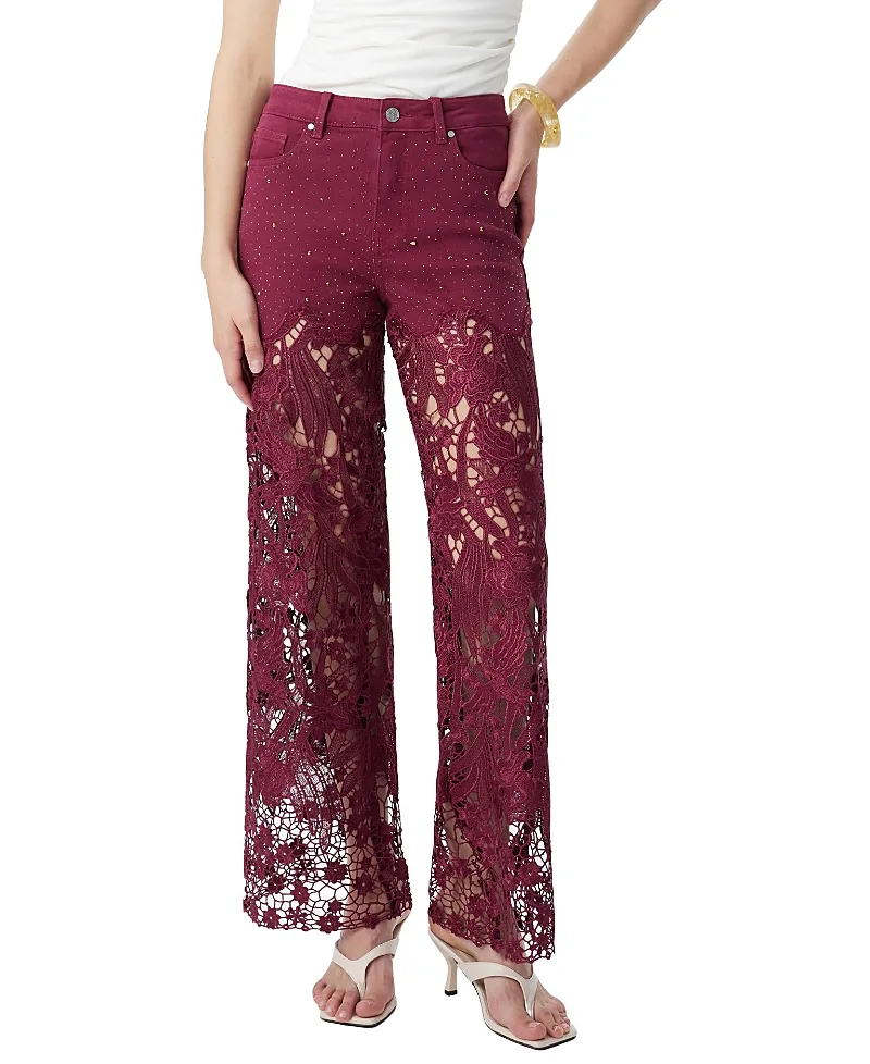 Embroidery High Rise Wide Leg Lace Jeans with Rhinestone