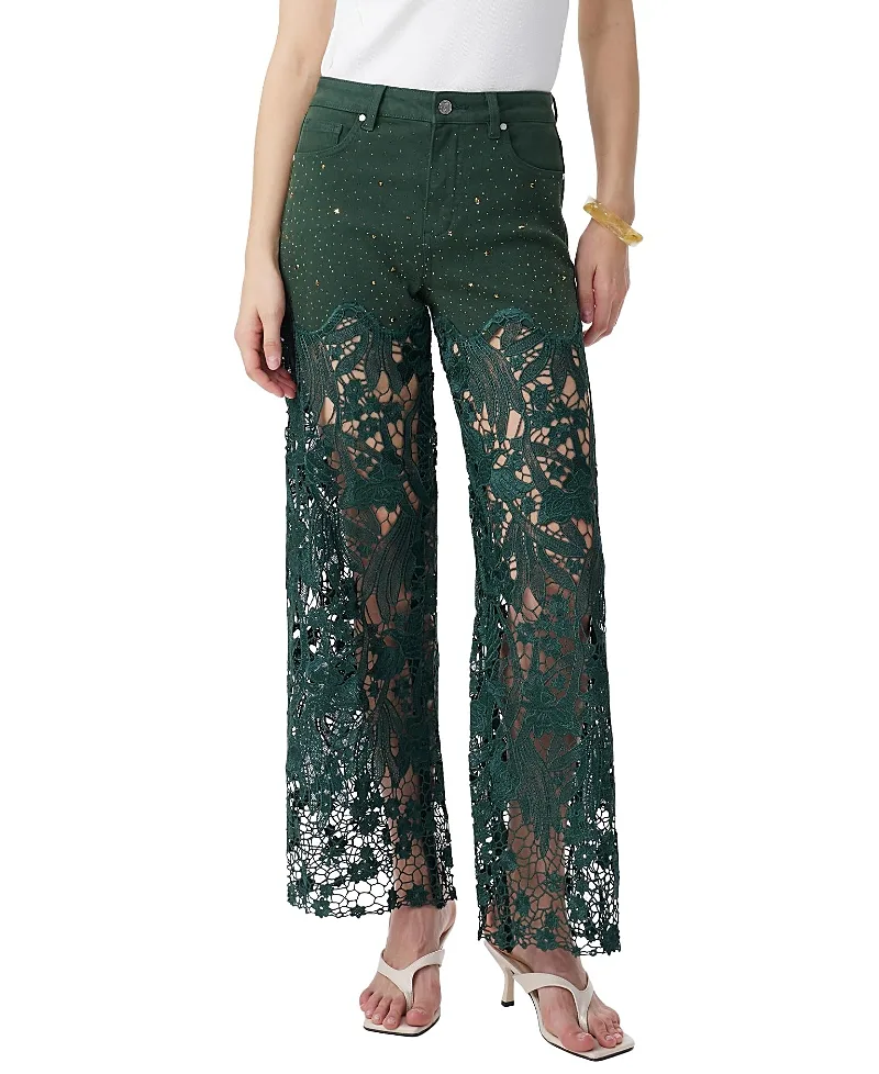 Embroidery High Rise Wide Leg Lace Jeans with Rhinestone
