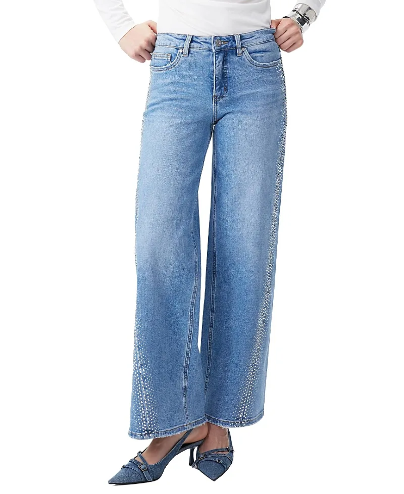 Mid Rise Wide Leg Denim Jeans with Rhinestone Stretch Comfortable