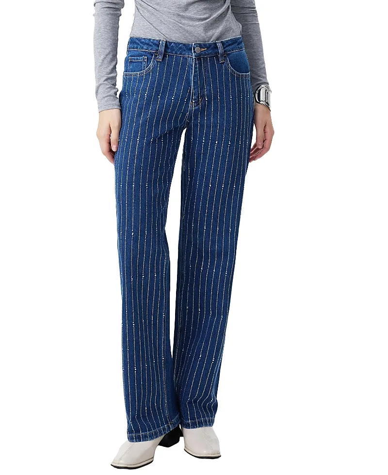 Mid Rise Straight Leg Denim Jeans with Rhinestone by Bayeas
