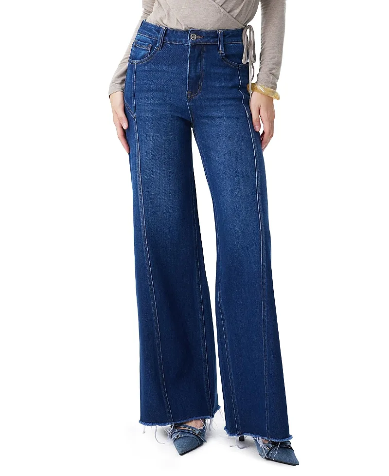 High Rise Wide Leg Frayed Hem Denim Jeans with Multiple Panel Seams by Bayeas
