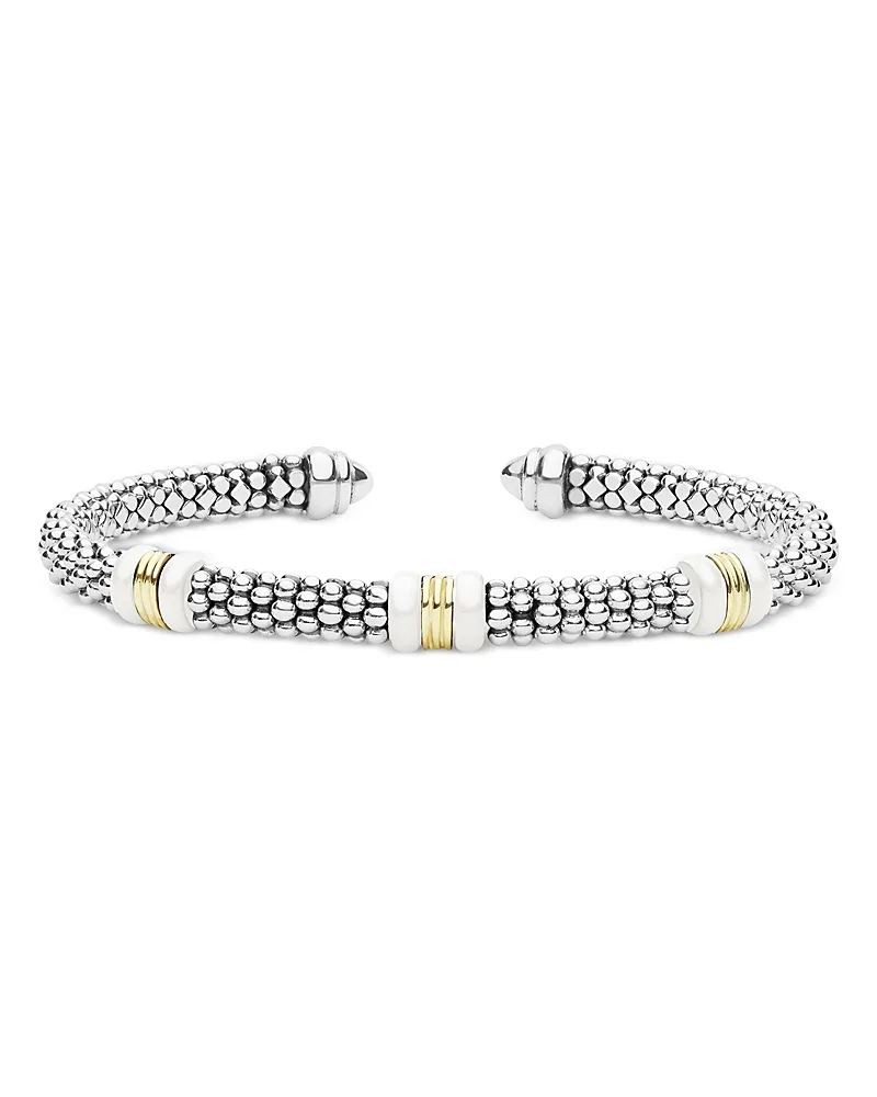 Sterling Silver & 18K Yellow Gold White Caviar Cuff Bracelet
