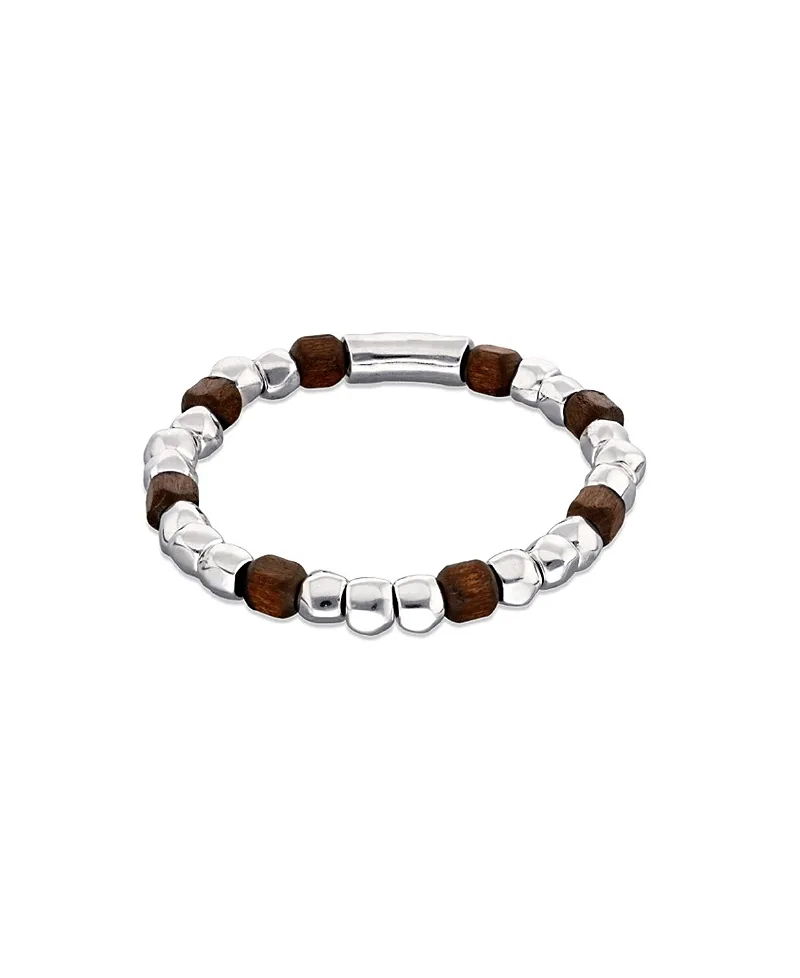 Elastic Bracelet with Beads Plated in Sterling Silver and Wooden Beads by Unode50