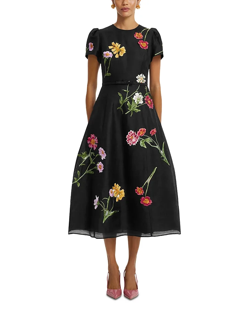 Marguerite Embellished Linen & Silk Midi Dress