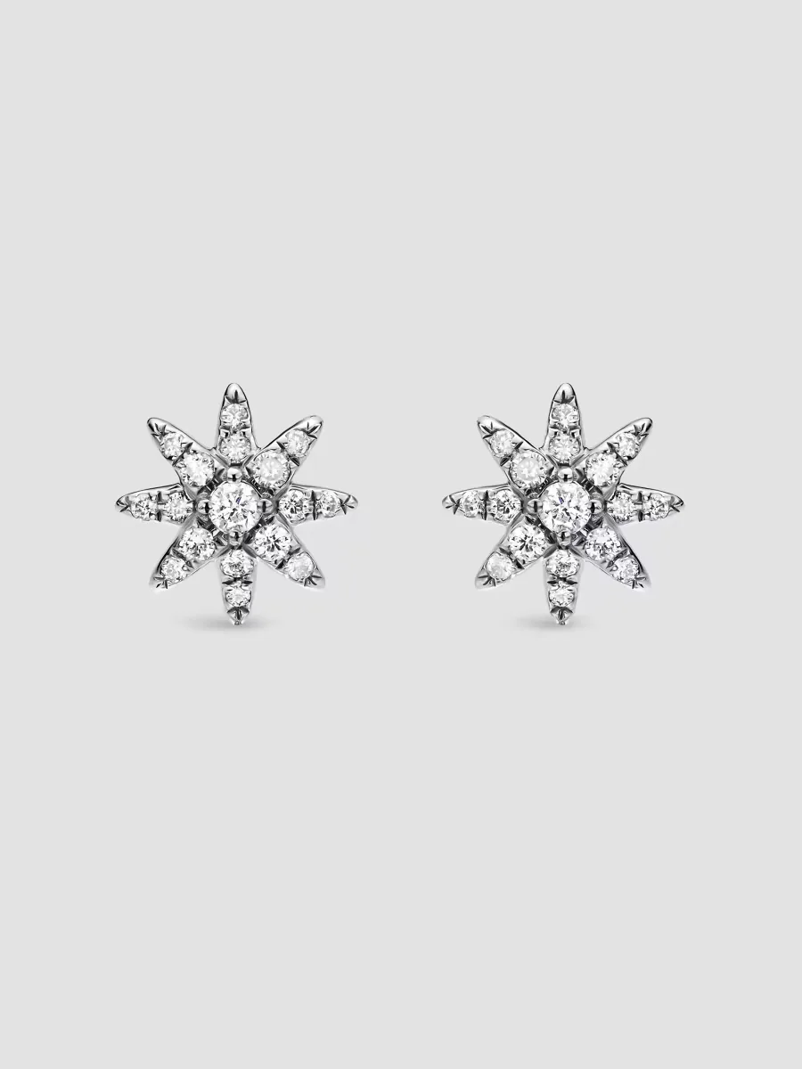 Petite Starburst Full Pav Stud Earrings in Sterling Silver with Diamonds, 7.5MM