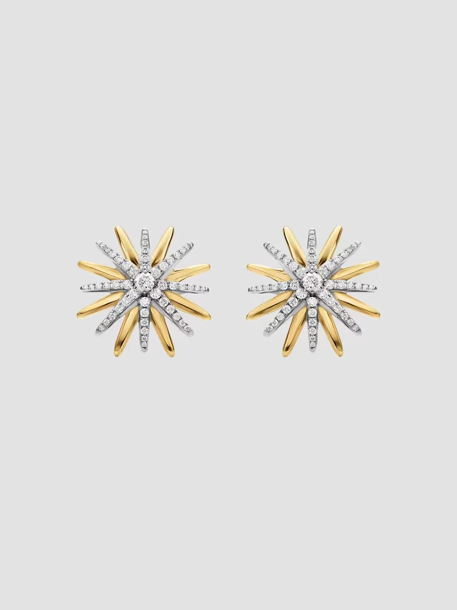 Starburst Stud Earrings in Sterling Silver with 18K Yellow Gold with Diamonds, 19MM