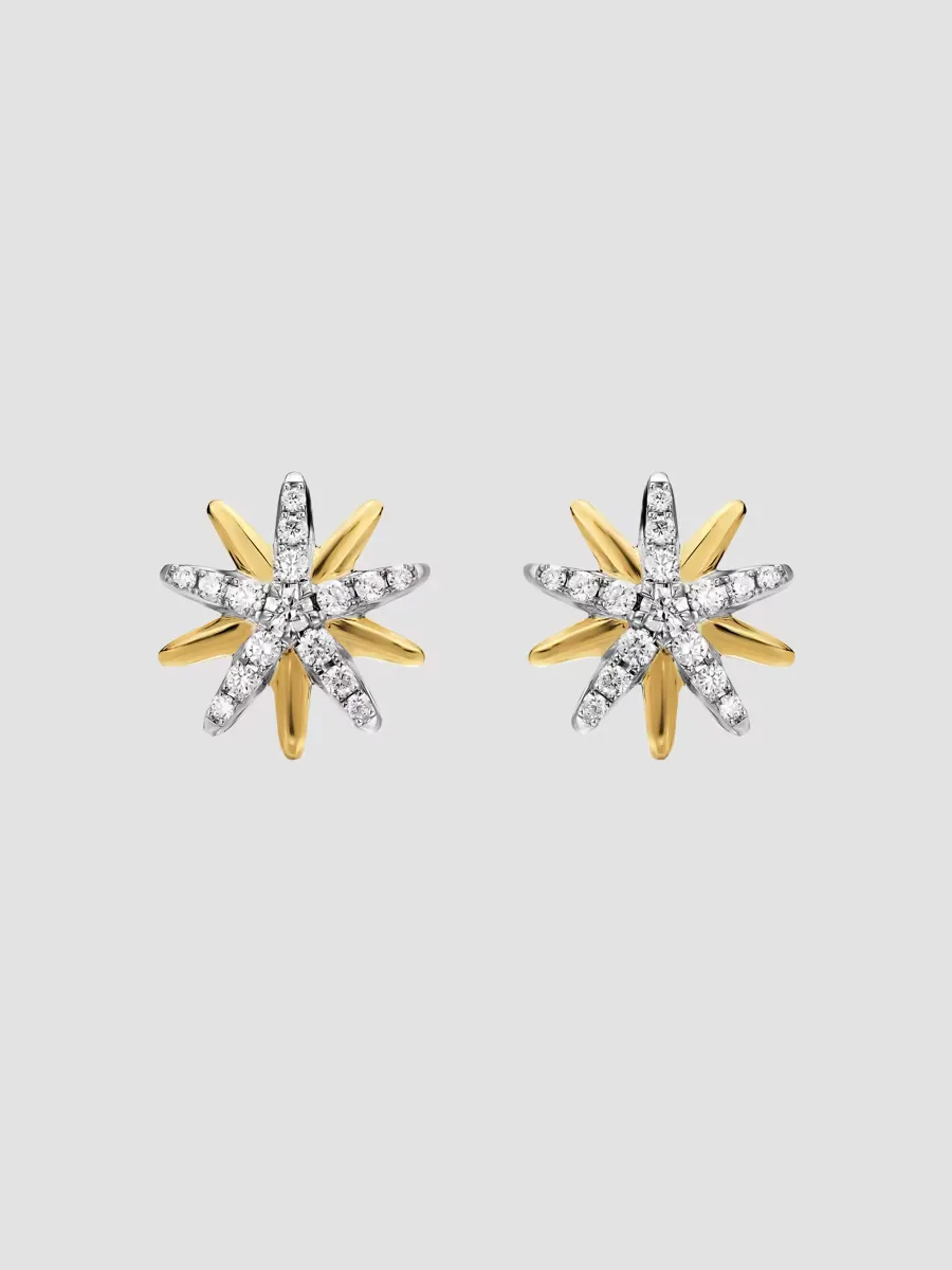 Starburst Stud Earrings in Sterling Silver with 18K Yellow Gold with Diamonds, 10.6MM
