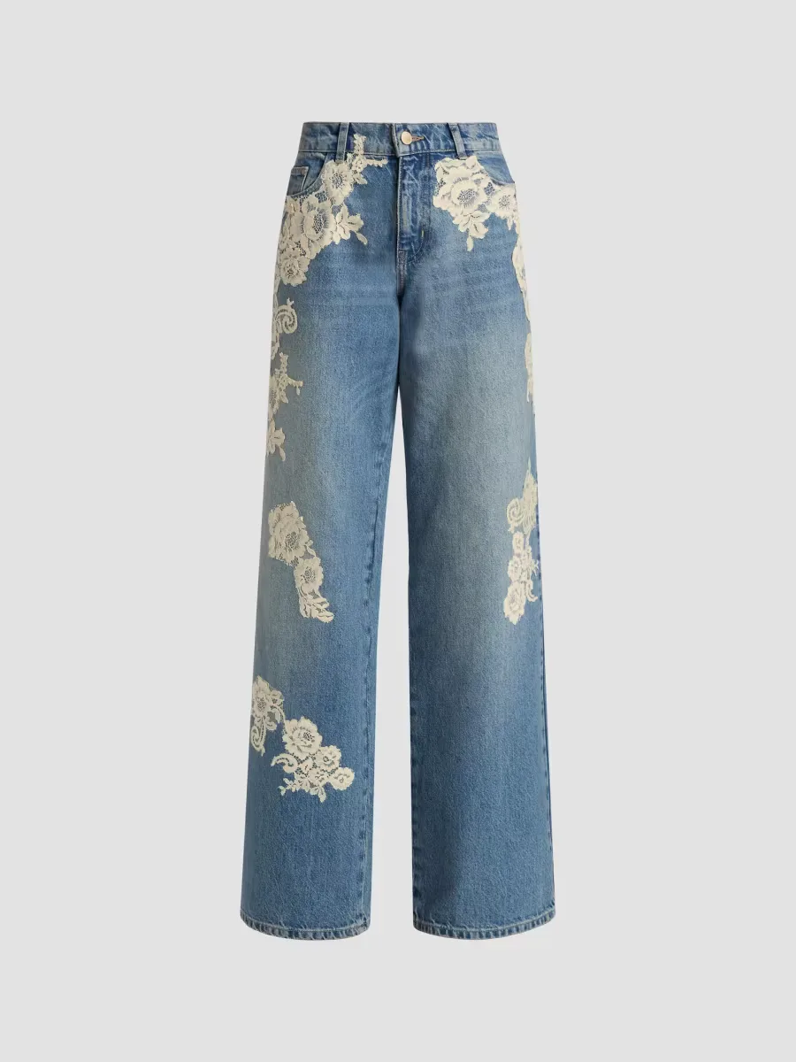 Bambie Lace-Appliqu Wide-Leg Jeans