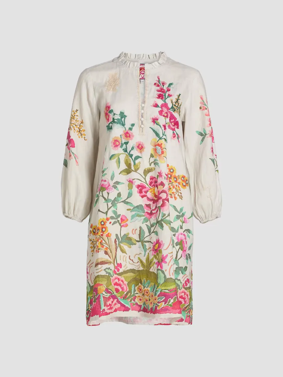 Embroidered Linen Shift Field Minidress