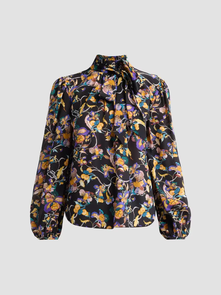 Joan Floral Silk Tieneck Blouse