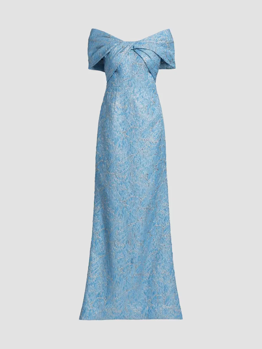 Teri Jon by Rickie Freeman Metallic Jacquard Twist Off-the-Shoulder Gown by Teri Jon