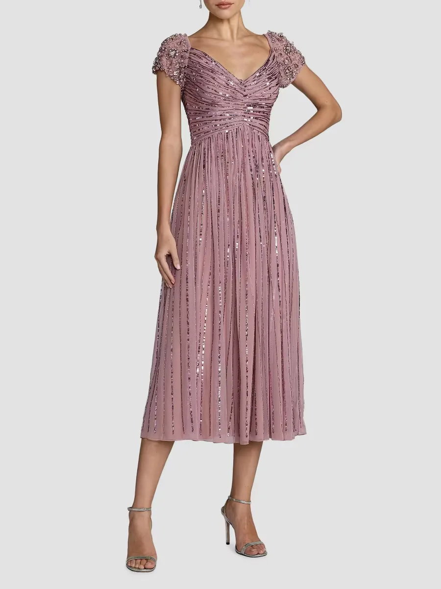 Mac Duggal Beaded Sequin Mesh Midi-Dress by M.A.C.