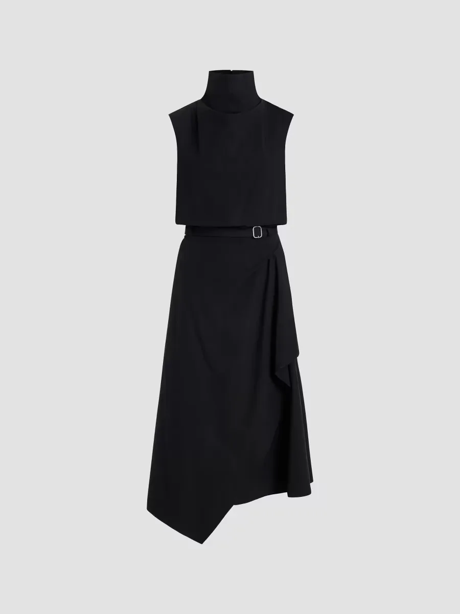 Debbie Asymmetric Stretch-Cotton Funnel-Neck Midi-Dress