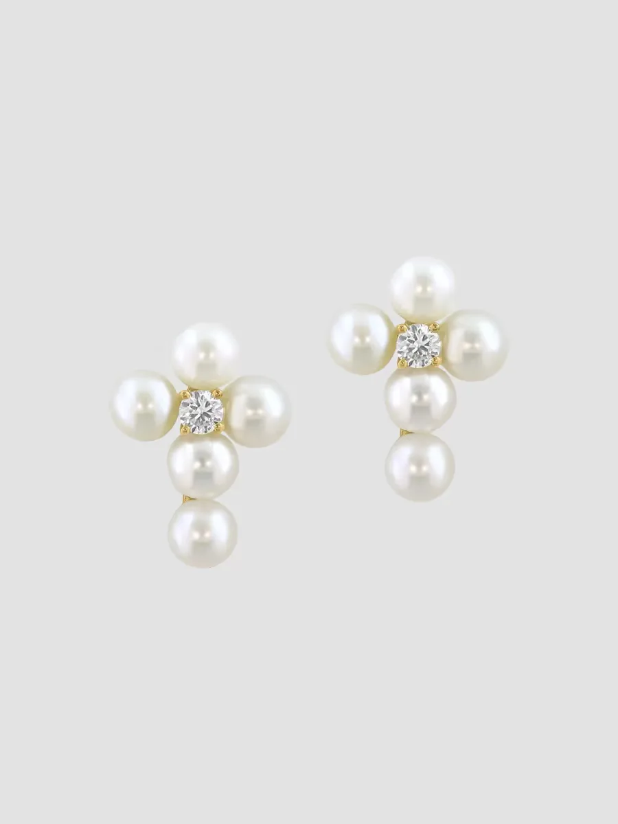 18K Yellow Gold, Freshwater Pearl & 0.03 Lab-Grown Diamond Cross Stud Earrings by Diamonds with Pearl