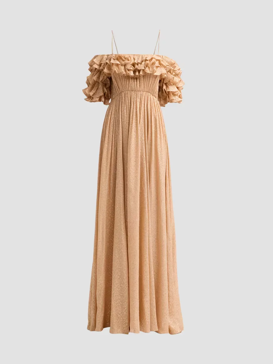 Persephone Ruffled Metallic Silk-Blend Off-Shoulder Gown by Ulla Johnson