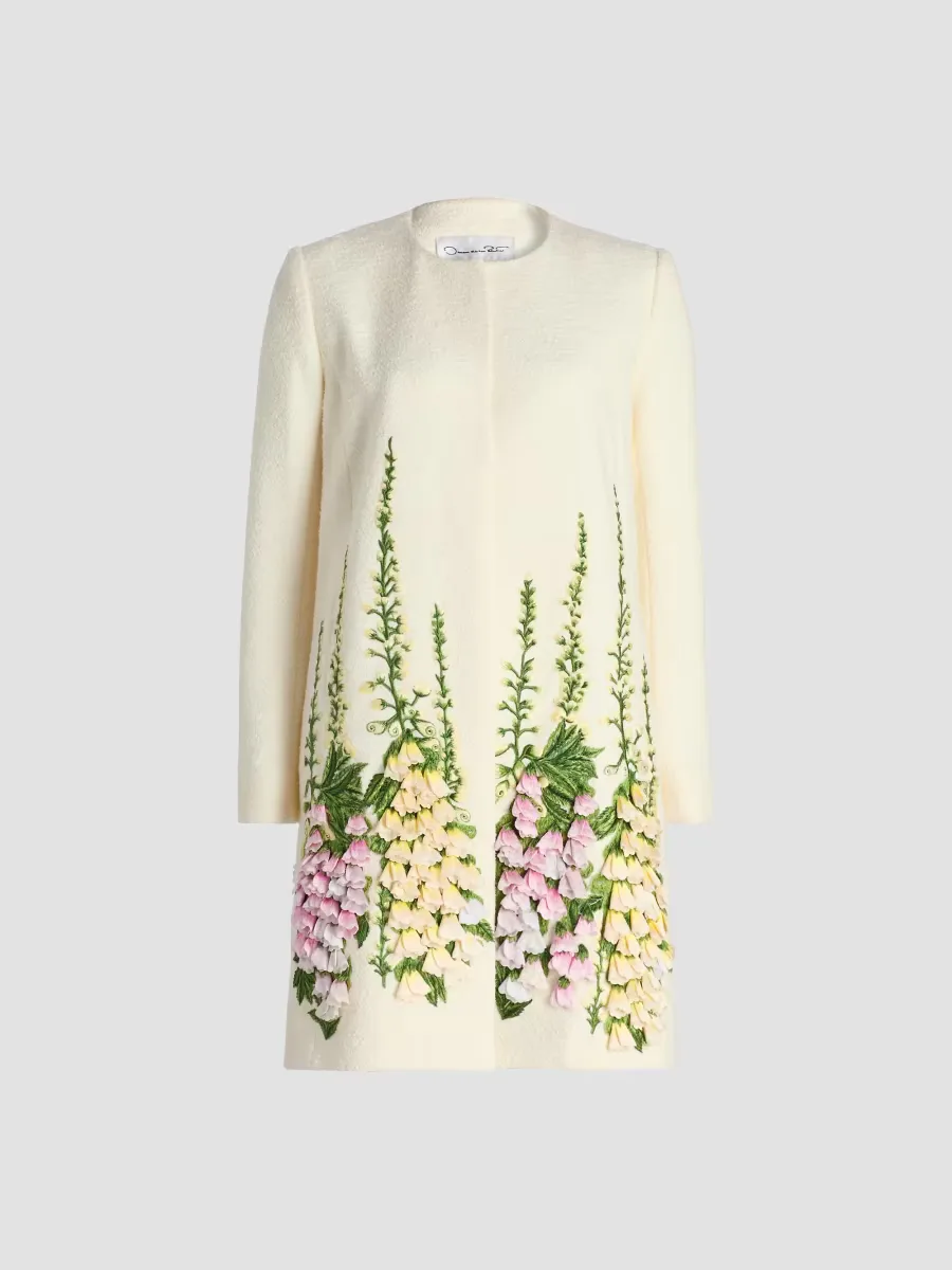 Foxglove-Embroidered Tweed Coat by Oscar de la Renta