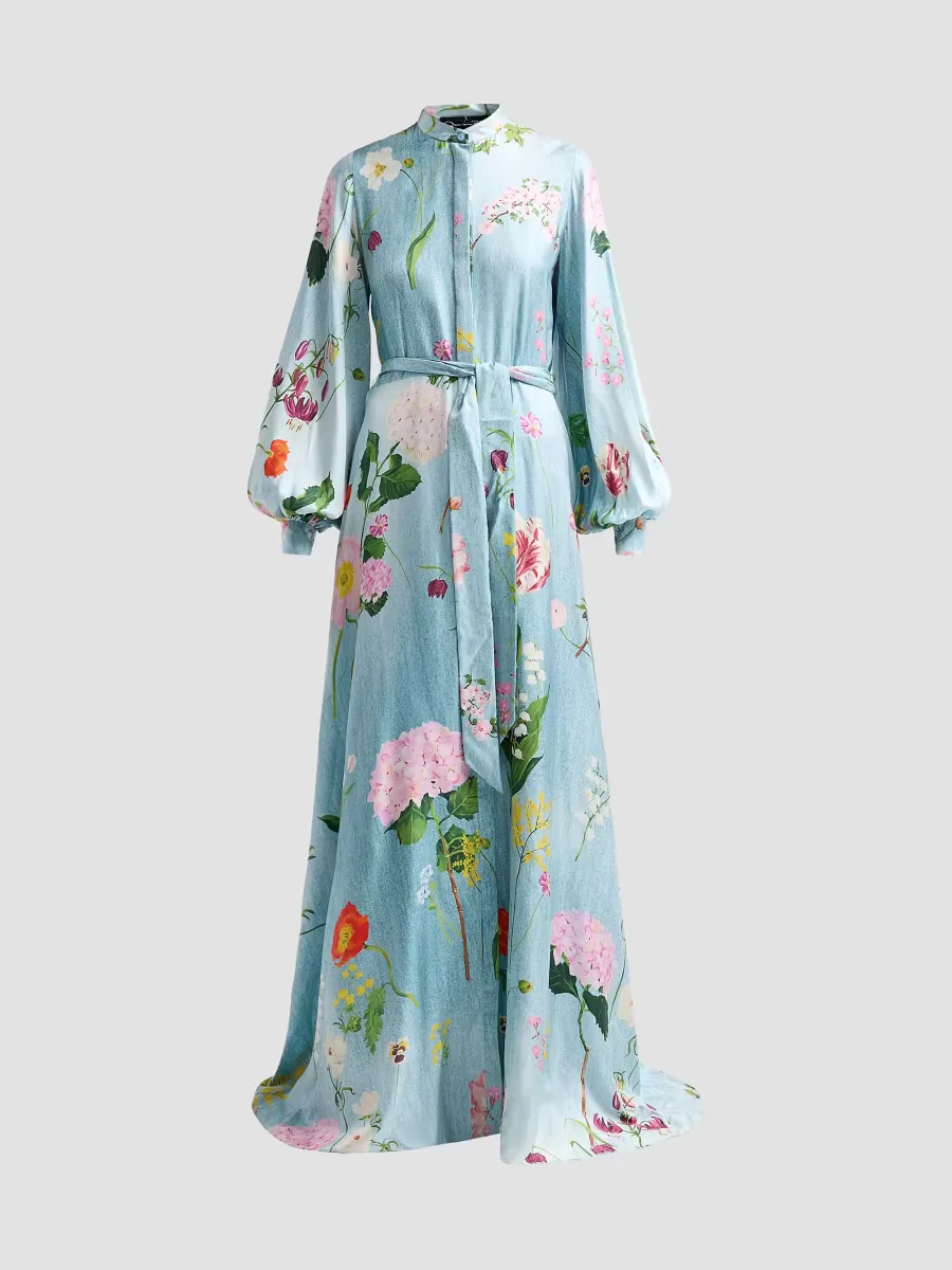 Mixed Botanical Silk Twill Caftan Dress by Oscar de la Renta