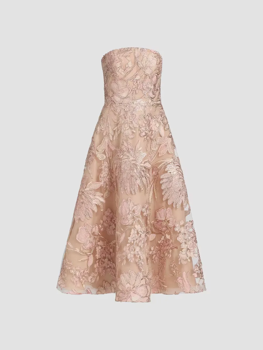 Floral Embroidered Strapless Cocktail Dress