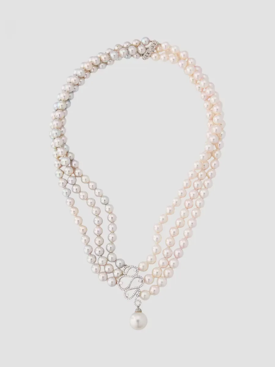 18K White Gold, Pearl & 1.10 TCW Diamond Triple-Strand Necklace by BELPEARL