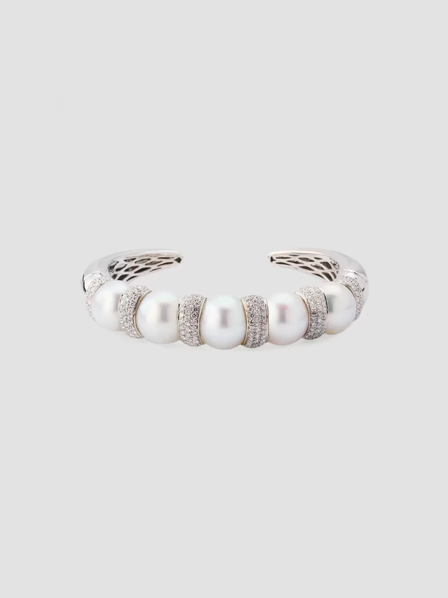 18K White Gold, South Sea Pearl & 2.50 TCW Diamond Hinged Cuff by BELPEARL