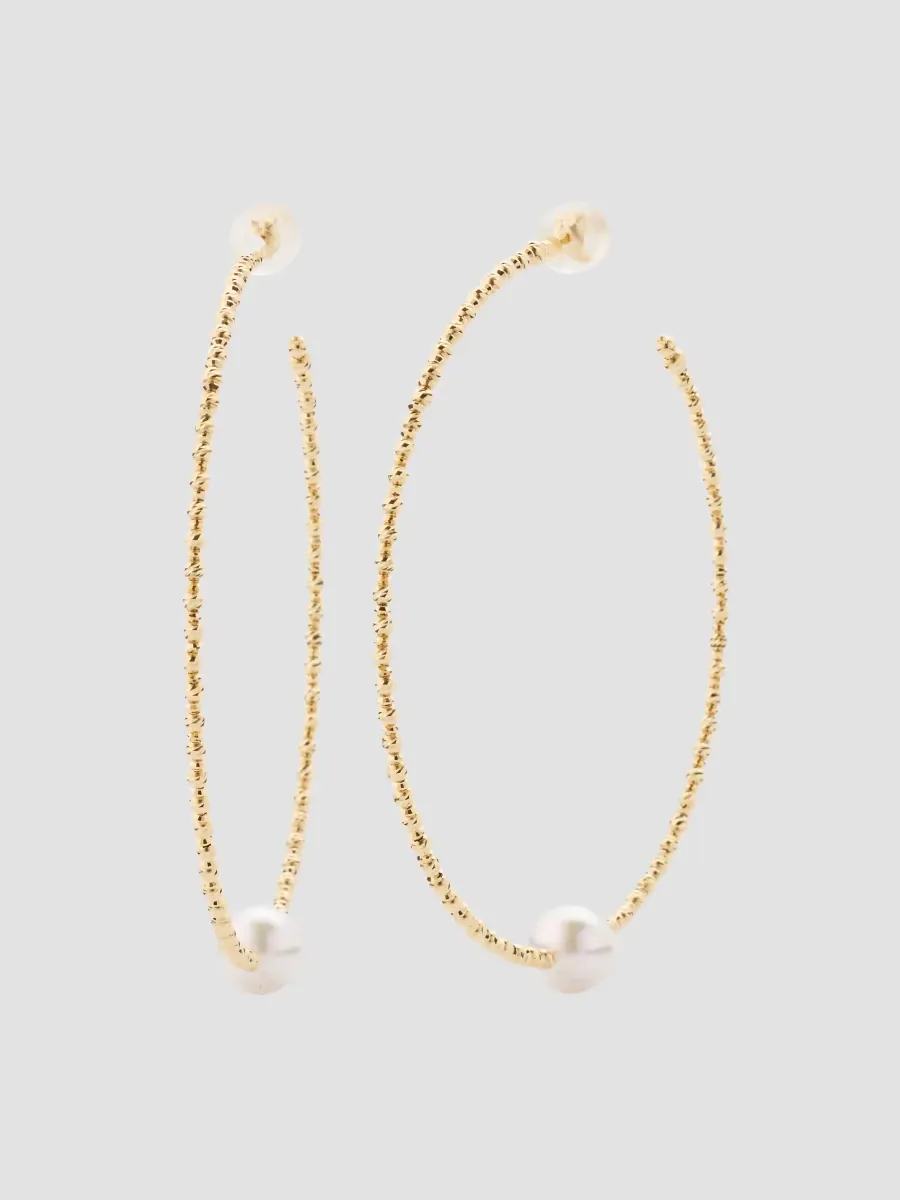 18K Gold & Cultured Akoya Pearl Hoop Earrings/2.5
