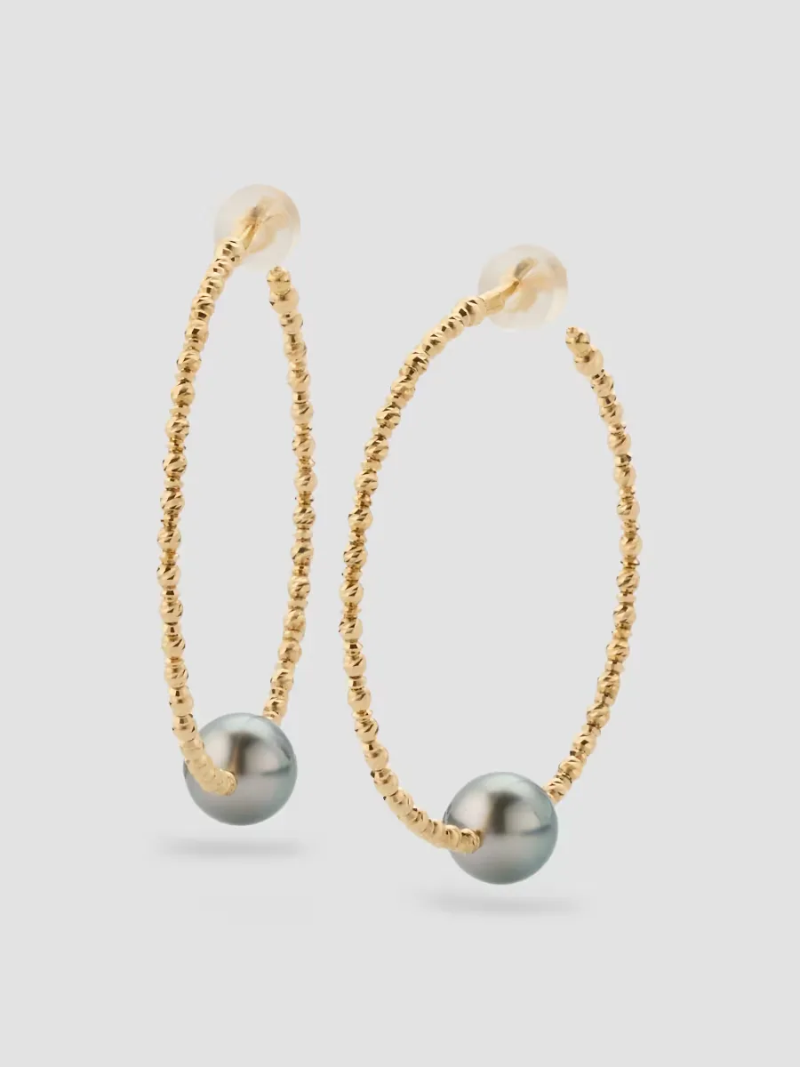 18K Gold & Tahitian Pearl Hoop Earrings