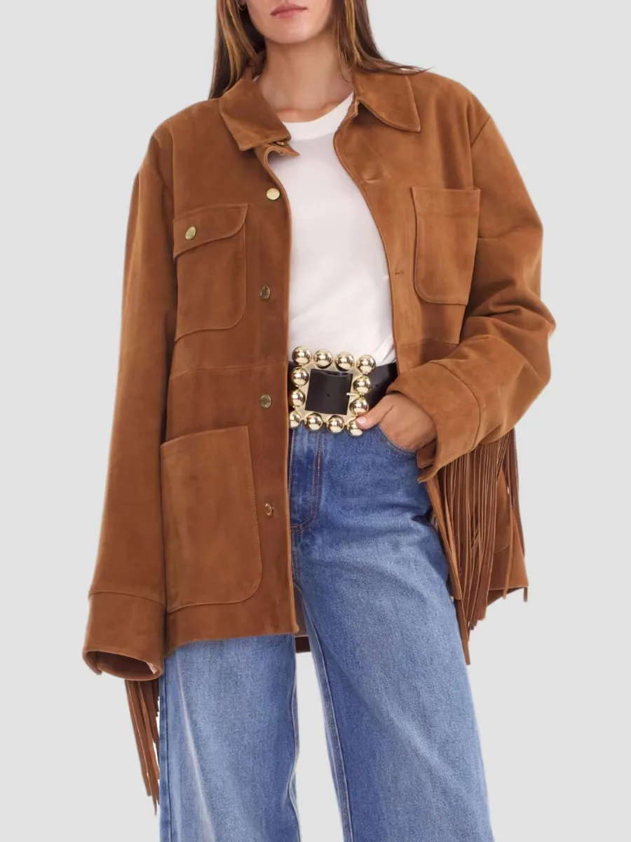 Fringe Suede Button-Front Jacket by Cynthia Rowley