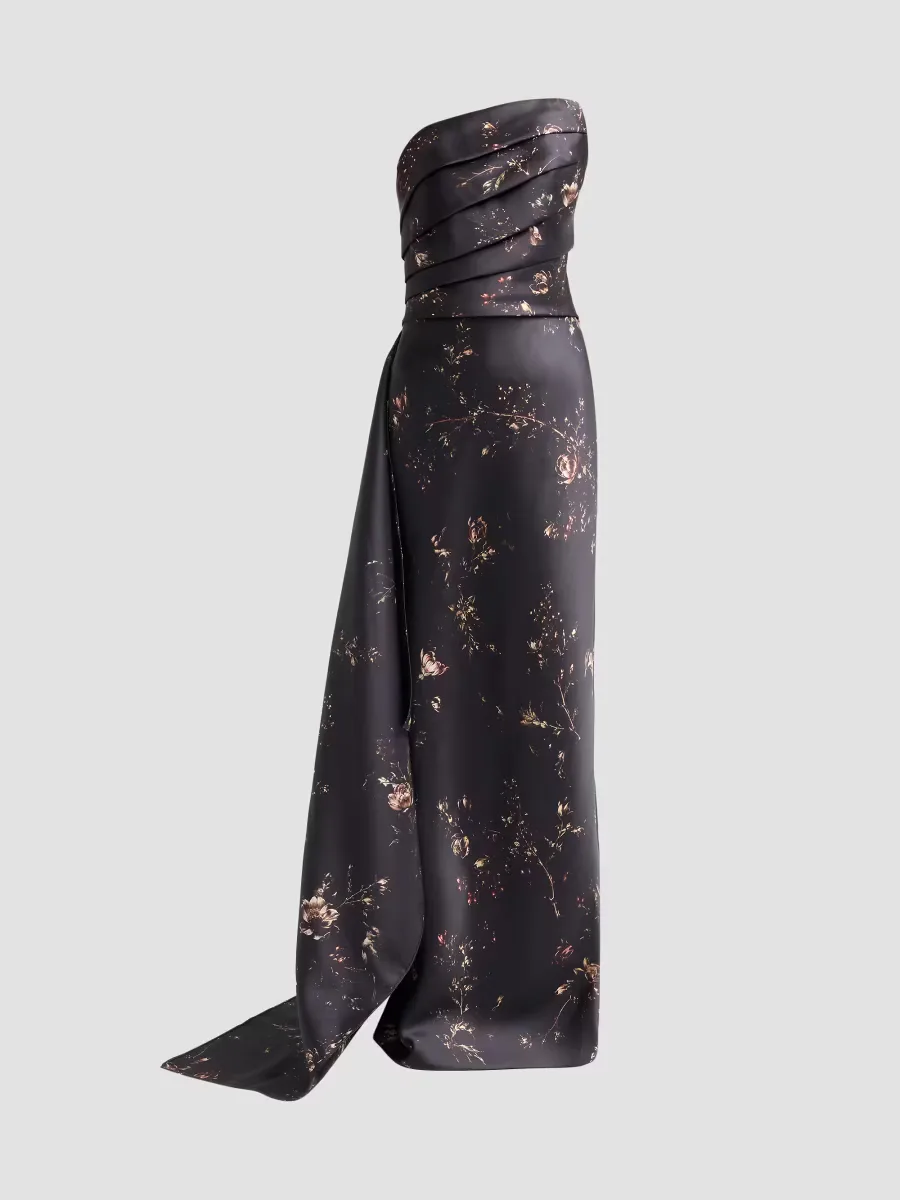 Floral Mikado Strapless Column Gown by Rene Ruiz Collection